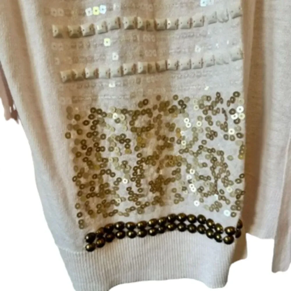 CHICO's Long Sleeve Cream Solid w/ Sequin Accents Stand-Up Collar Full Zip Sz 3